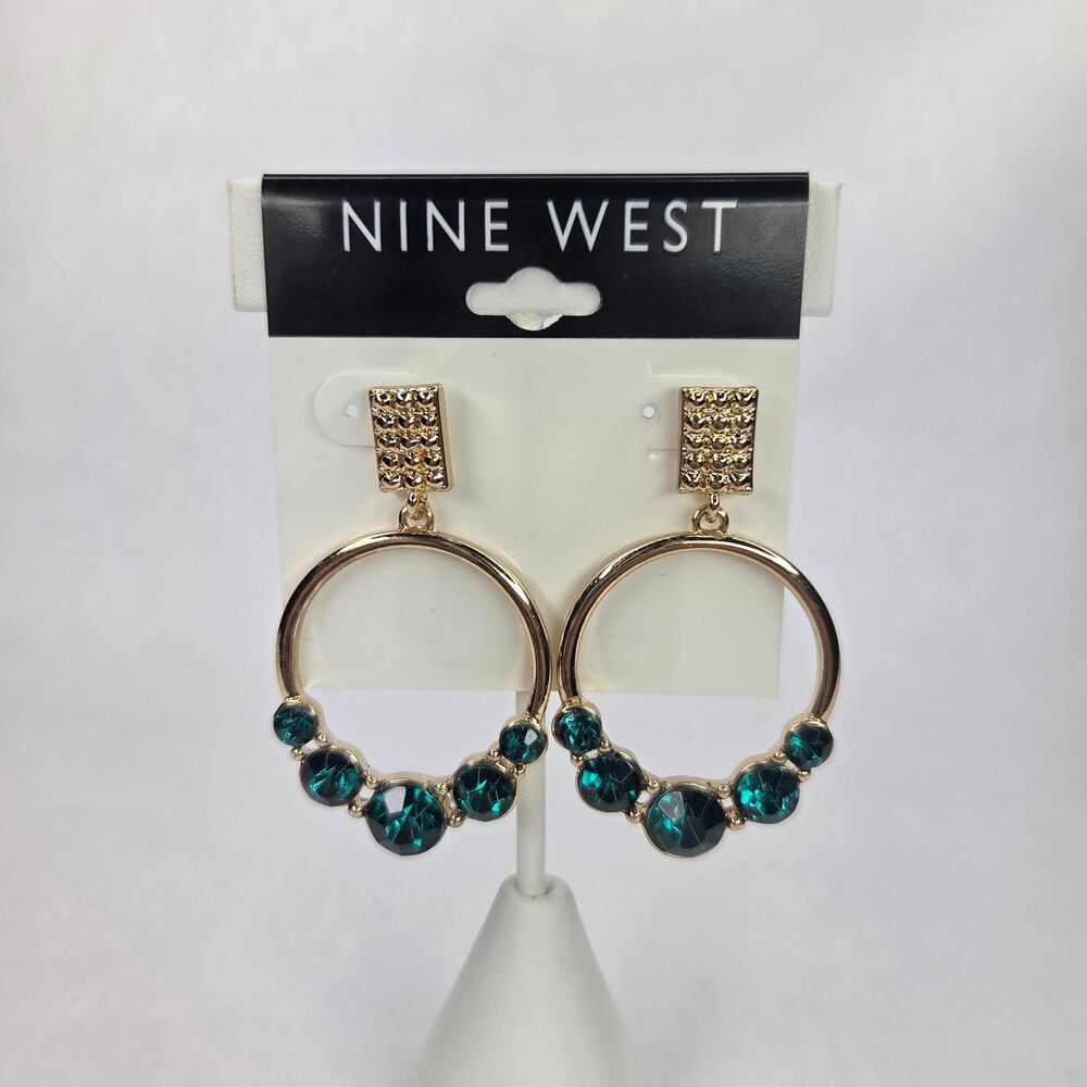 Nine West Green Crystal Gold Plated Drop Stud Statement Earrings, NEW
